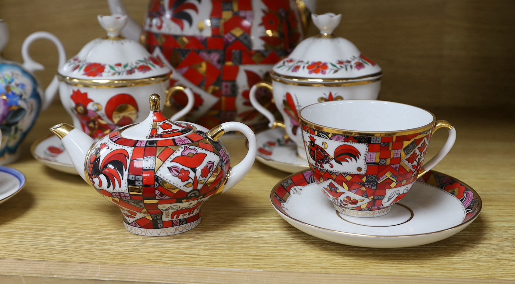 A group Russian Lomonosov teawares, 1990s, largest teapot 21cm high